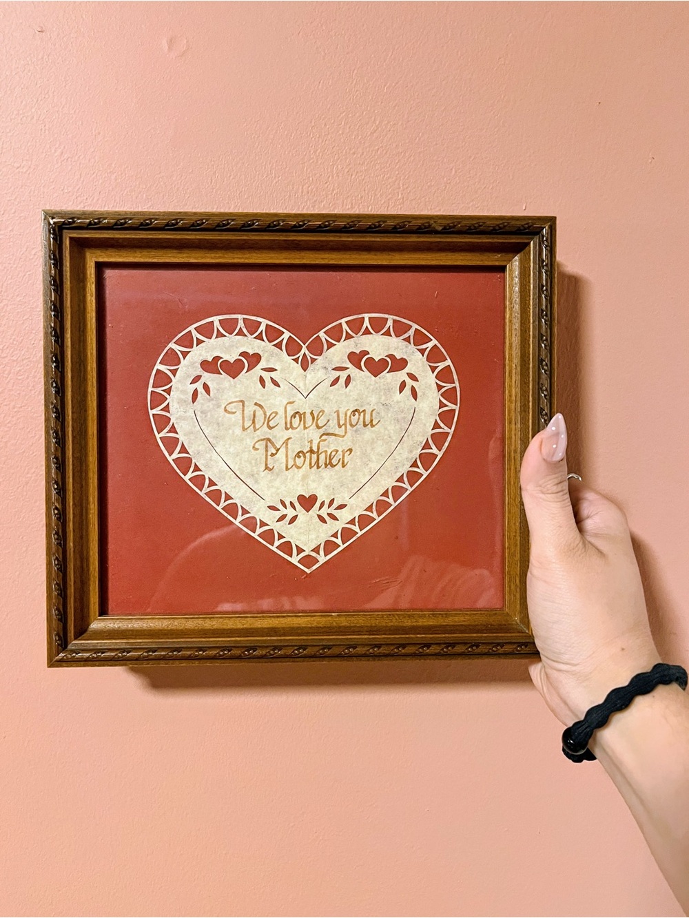 We Love You Mother Heart Wall Art - Pink Cream 1980s Cottagecore Style handmade